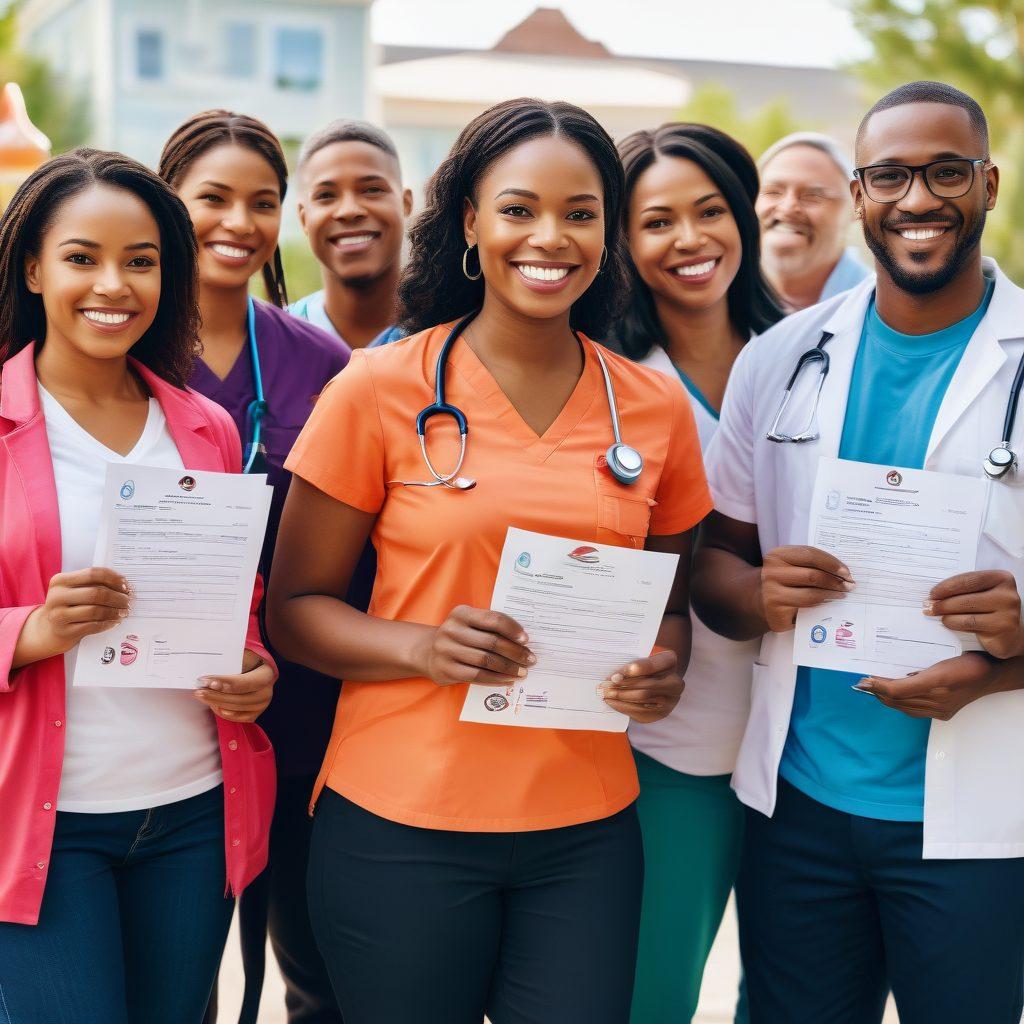 A diverse group of people smiling while holding healthcare insurance documents, surrounded by symbols of accessible healthcare like stethoscopes, affordable medicine bottles, and hearts. Bright and inviting atmosphere with a background depicting a sunny community clinic. The scene conveys hope and empowerment in navigating the healthcare system. vibrant colors. 3D.