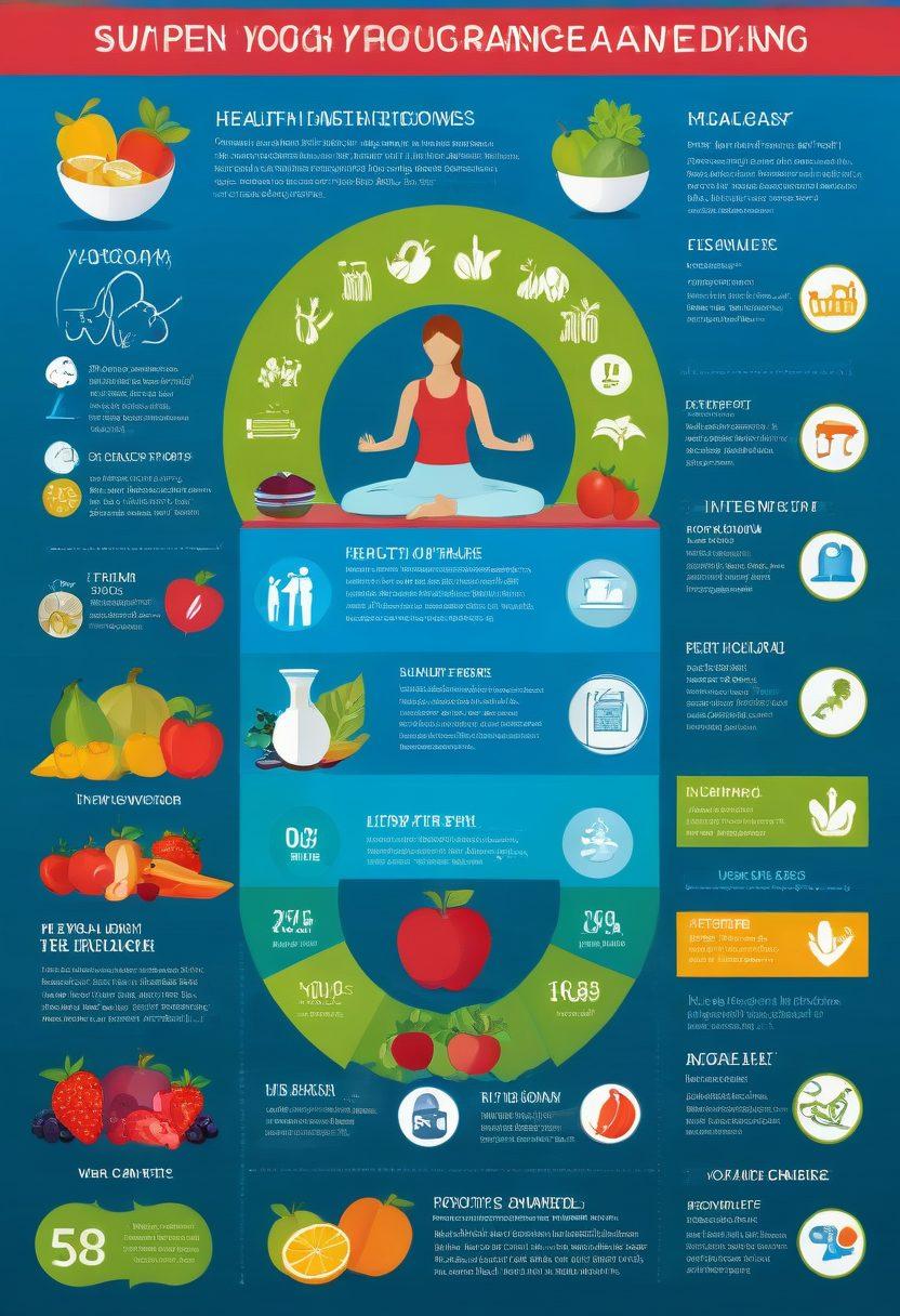 A visually striking infographic featuring a diverse group of healthy individuals engaging in various wellness activities such as yoga and nutritious cooking. Incorporate elements symbolizing insurance choices, like shields and paperwork, intertwined with vibrant fruits and vegetables. The background should be a calming blend of greens and blues, promoting a sense of health and security. super-realistic. vibrant colors.