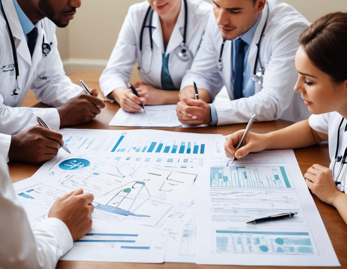 A diverse group of people examining insurance papers together, with a doctor and an insurance agent discussing options at a table surrounded by medical symbols like caduceus, stethoscopes, and charts. A large light bulb symbolizes ideas above them, representing clarity and understanding in their choice of coverage. Soft pastel colors create a friendly and welcoming atmosphere. vector art. vibrant colors.